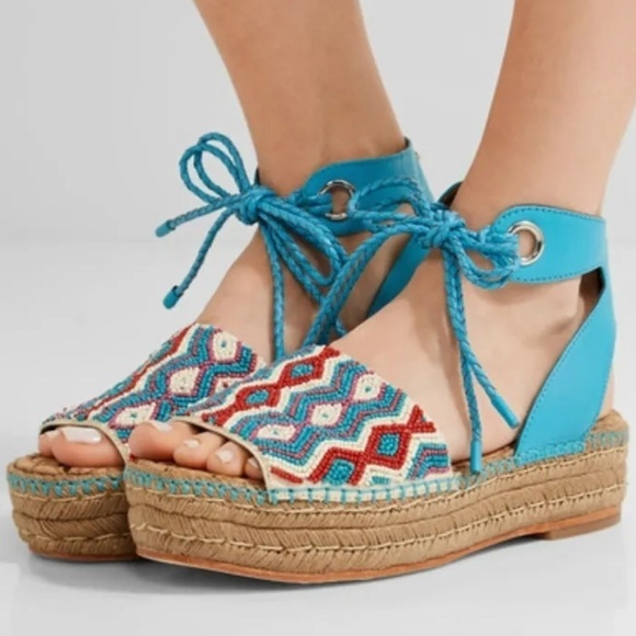 SAM EDELMAN "NEERA"  BLUE & RED BEADING ESPADRILLE WEDGES SZ 6.5 BOHO COASTAL - Picture 1 of 13